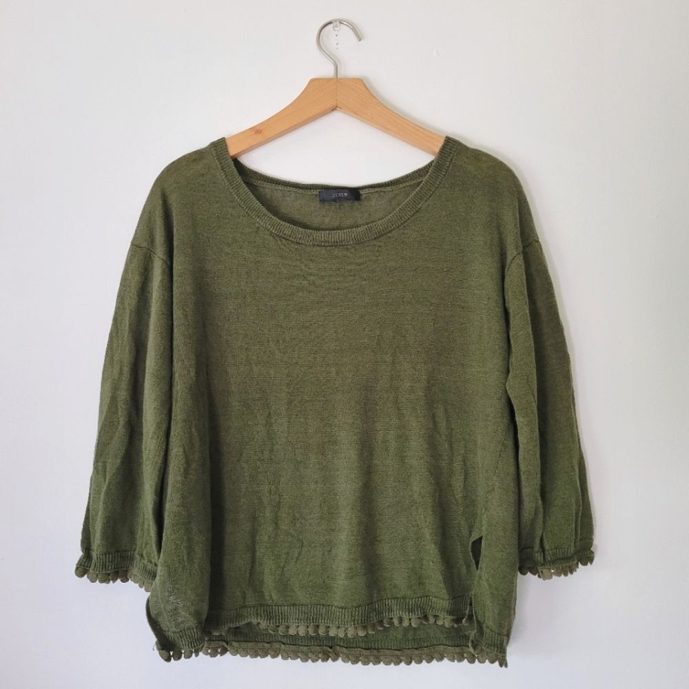 J. Crew 100% Linen Olive Green Knit Sweater 3/4 Sleeve Lightweight Small